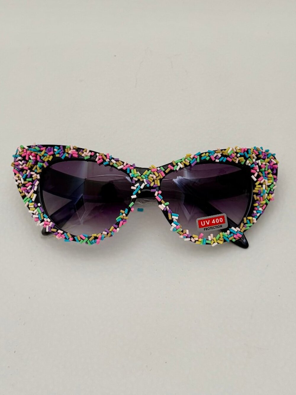 Sunglasses Cat Eye Black Frame Front Covered In Candylike Sprinkles! NWOT. FUN!!